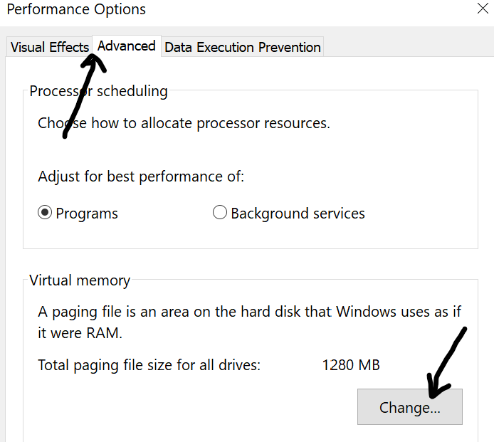 Reset Virtual Memory Windows  Click Change
