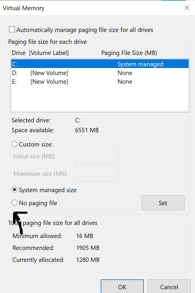 Reset Virtual Memory Windows  Mark No Paging File