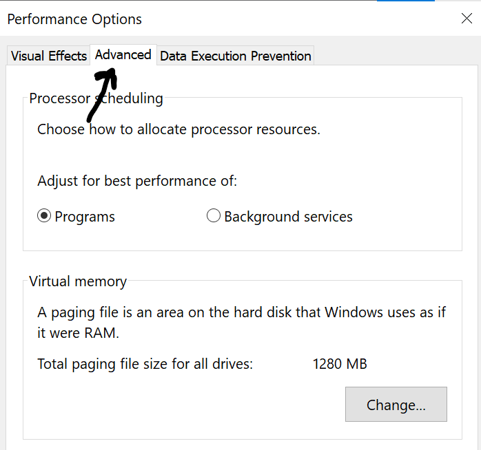 Reset Virtual Memory Windows  Select Advance Tab