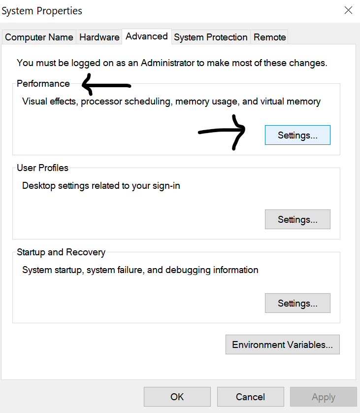 Reset Virtual Memory Windows  Select Settings